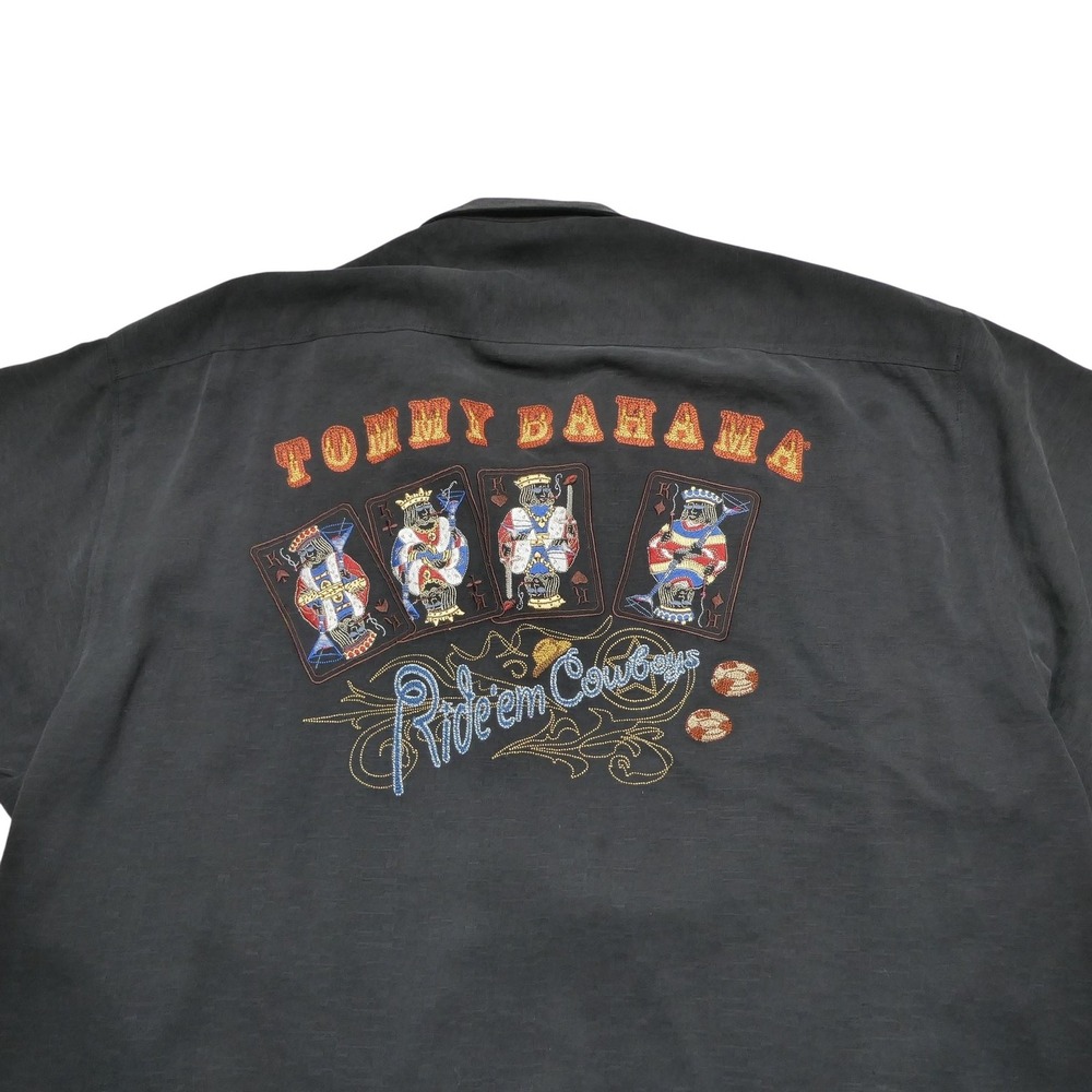 Tommy Bahama Shirt Mens XL Black Silk Camp Ride Em Cowboys Cards Embroidered